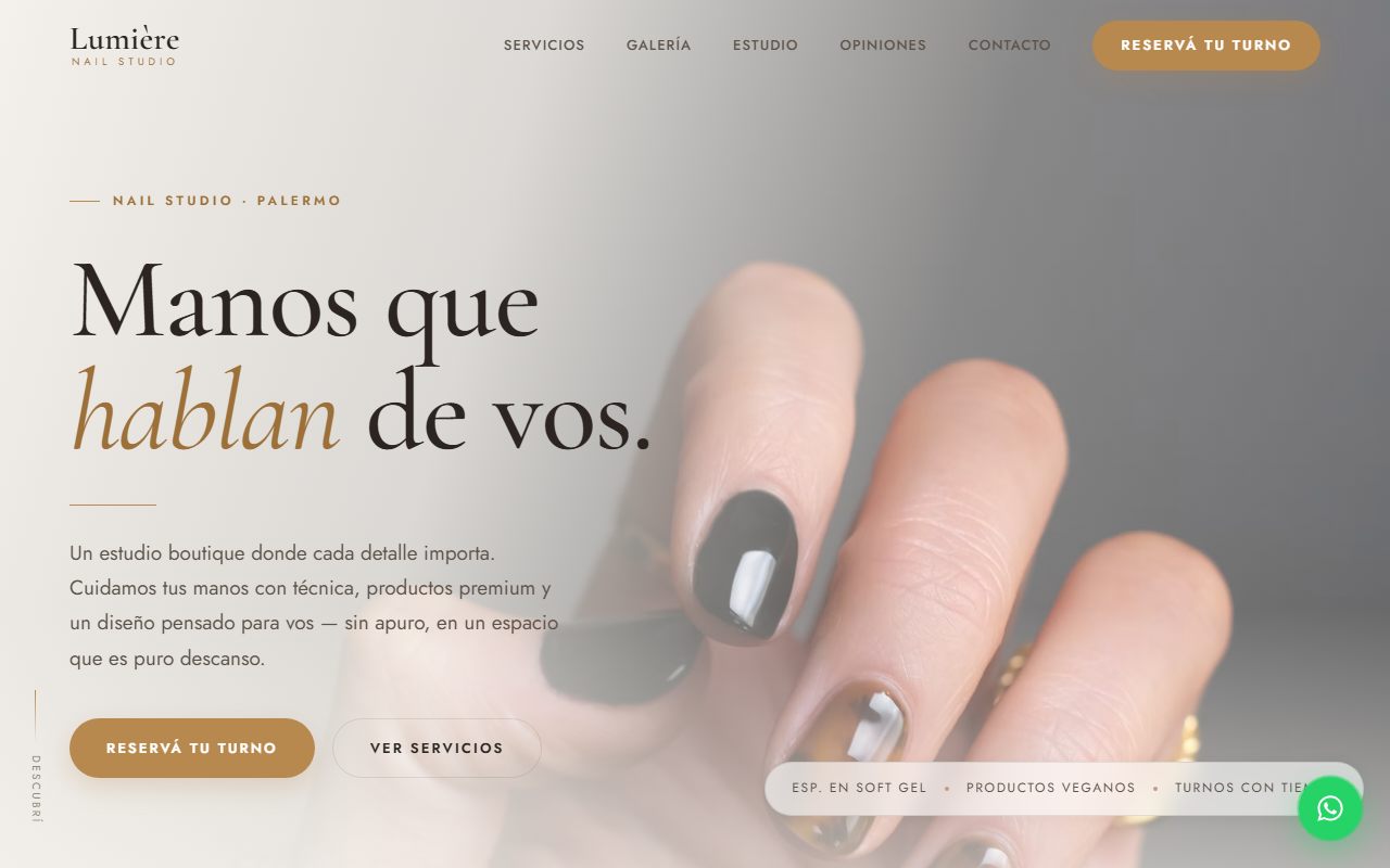 Vista previa del sitio de Lumière, estudio de uñas en Palermo